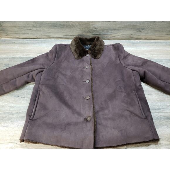 FU DA New York Faux Suede Faux Fur Brown Jacket Coat Women's Size Large - Picture 1 of 9